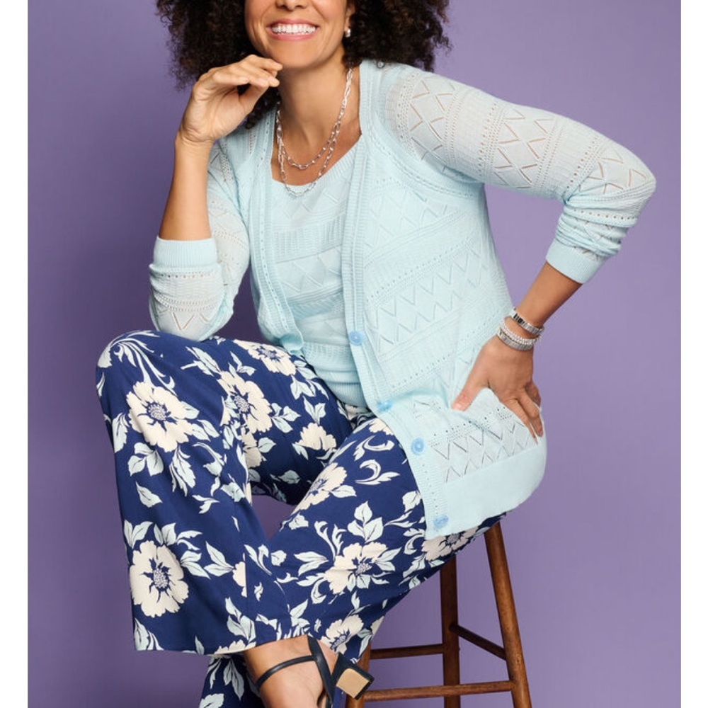 Talbots Wide Leg Pull On Belted Pants Delightful Flowers Blue Floral XLP - Picture 7 of 8